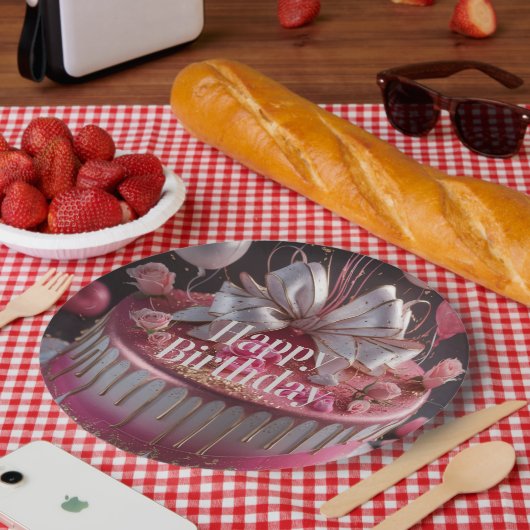 Elegant Pink & Gold Birthday Cake Design ペーパープレート (ピクニック)