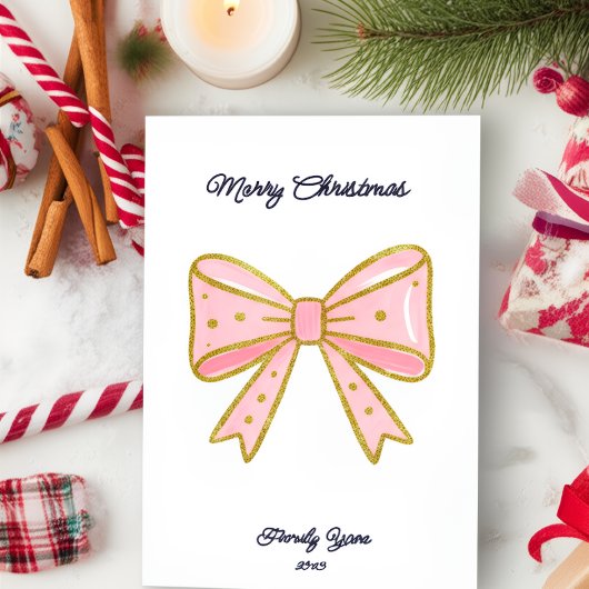 Elegant Pink Gold Bow Family Year 2025 Christmas シーズンカード