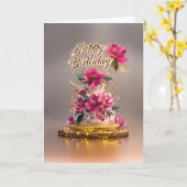 Elegant Pink & Gold Floral Birthday Cake カード (黄色い花)