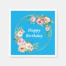 Elegant Pink & Gold Flower Wreath Paper Napkin blu