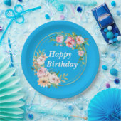 Elegant Pink & Gold Flower Wreath Paper Plate Blue ペーパープレート (パーティー)