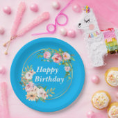 Elegant Pink & Gold Flower Wreath Paper Plate Blue ペーパープレート (パーティー)