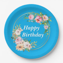 Elegant Pink & Gold Flower Wreath Paper Plate Blue