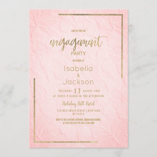 Elegant pink gold french floral lace Engagement  招待状 (正面)