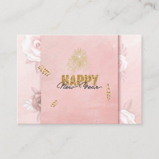 Elegant Pink & Gold Happy New Year Floral Card エンクロージャーカード (正面)