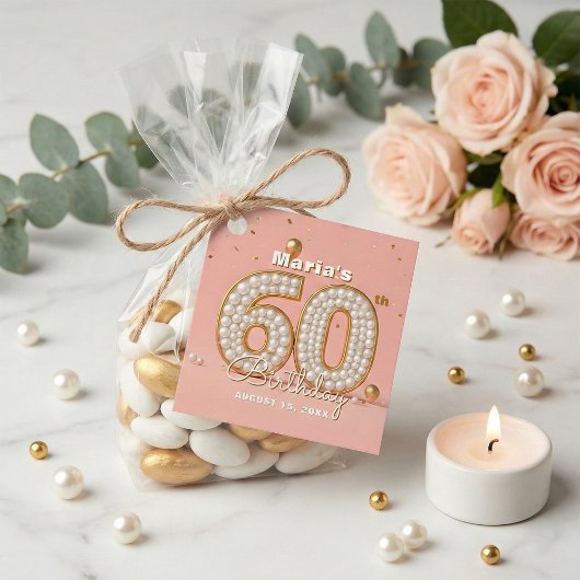 Elegant Pink Gold Pearl Number 60th Birthday Party フェイバータグ