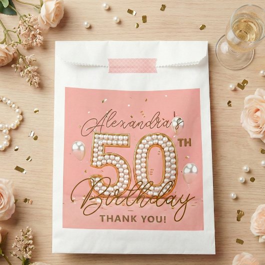 Elegant Pink Gold Pearls 50th Birthday Party フェイバーバッグ
