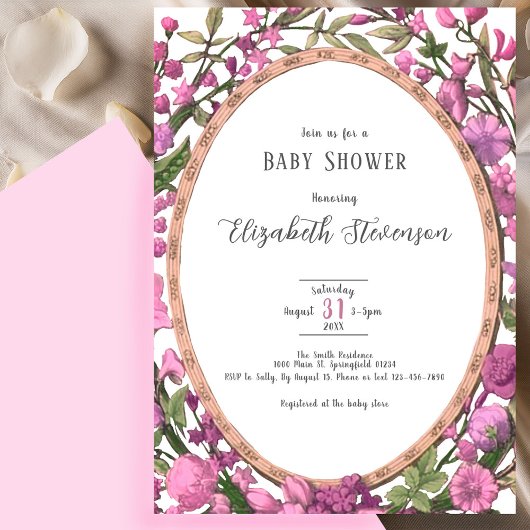 Elegant Pink Green Botanical Floral Baby Shower  招待状
