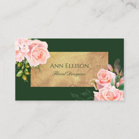 Elegant Pink Green Gold Floral Florist Roses 名刺 (正面)