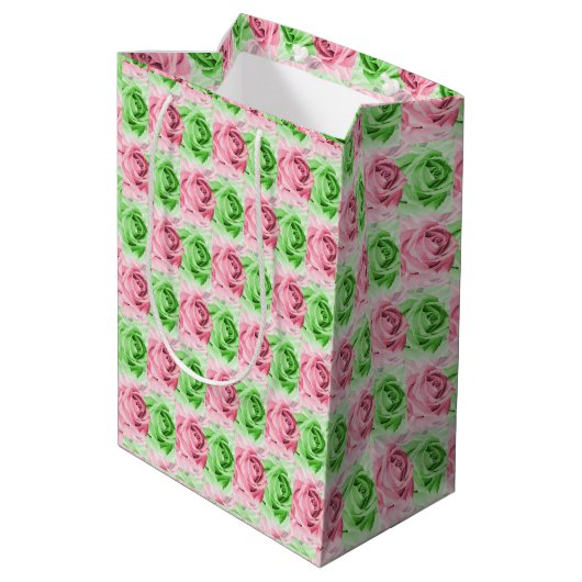 Elegant Pink & Green Rose Gift Bag ミディアムペーパーバッグ (裏面アングル)