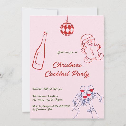 Elegant Pink Hand Drawn Christmas Cocktail Party 招待状 (正面)