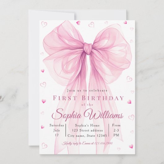 Elegant Pink Heart Bow Baby Shower Invitation 招待状 (正面)