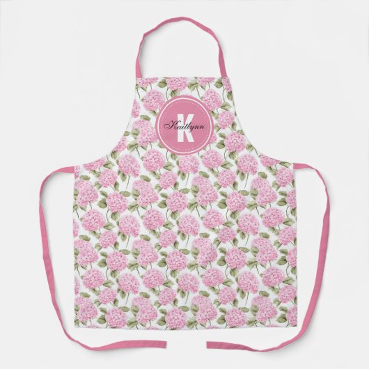Elegant Pink Hydragea Flowers Pattern Monogram エプロン (正面)