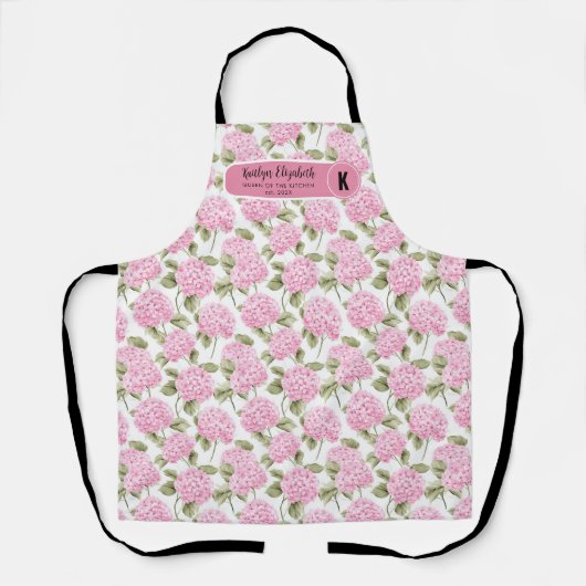 Elegant Pink Hydragea Flowers Pattern Monogram エプロン (正面)