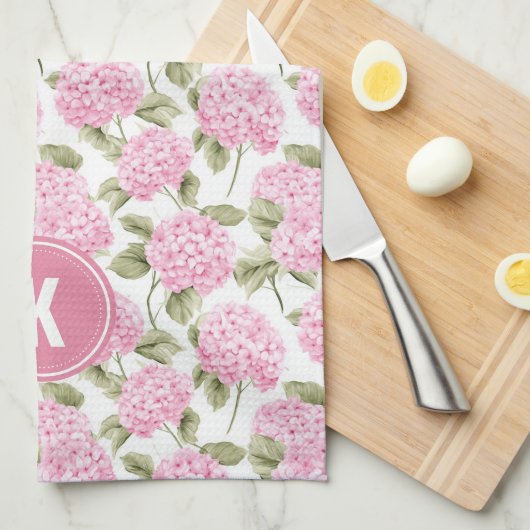 Elegant Pink Hydragea Flowers Pattern Monogram キッチンタオル (四つ折り)