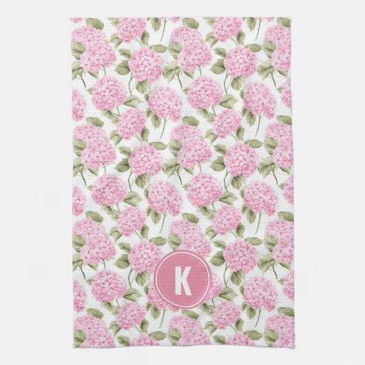 Elegant Pink Hydragea Flowers Pattern Monogram キッチンタオル (縦)