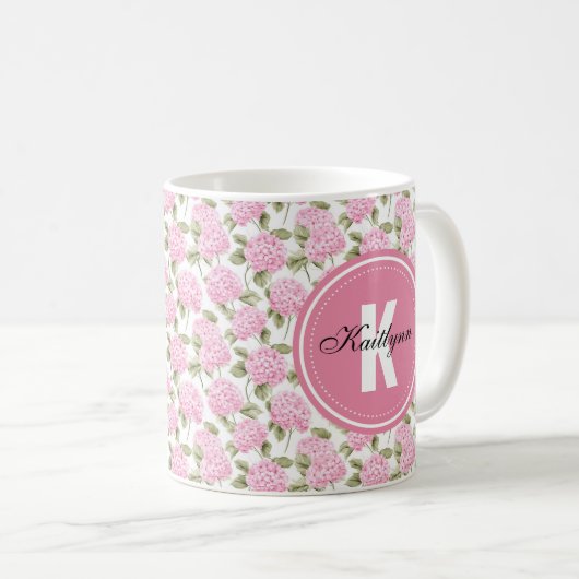 Elegant Pink Hydragea Flowers Pattern Monogram コーヒーマグカップ (正面右)