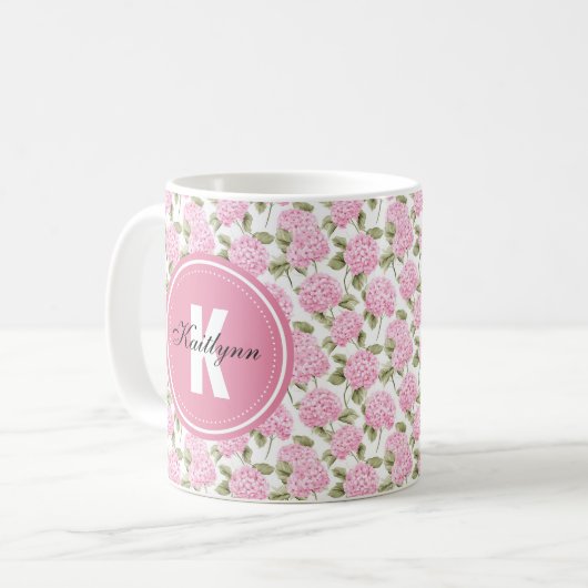 Elegant Pink Hydragea Flowers Pattern Monogram コーヒーマグカップ (正面左)
