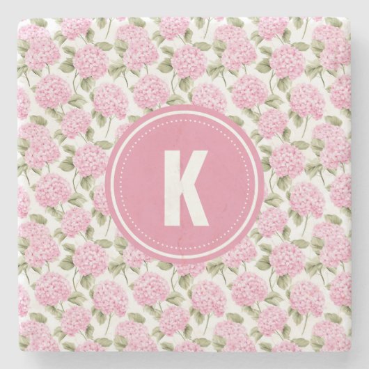 Elegant Pink Hydragea Flowers Pattern Monogram ストーンコースター (正面)