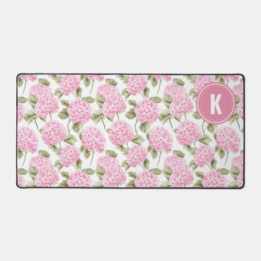 Elegant Pink Hydragea Flowers Pattern Monogram デスクマット (正面)