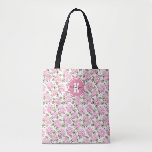 Elegant Pink Hydragea Flowers Pattern Monogram トートバッグ (正面)