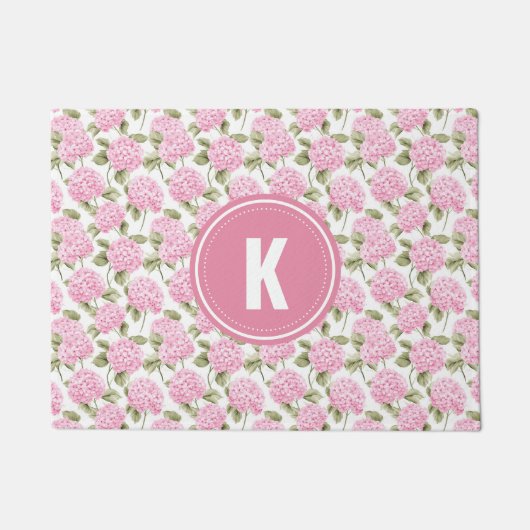 Elegant Pink Hydragea Flowers Pattern Monogram ドアマット (正面)