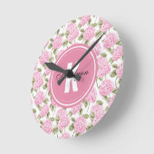 Elegant Pink Hydragea Flowers Pattern Monogram ラウンド壁時計 (傾斜)