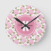 Elegant Pink Hydragea Flowers Pattern Monogram ラウンド壁時計 (正面)