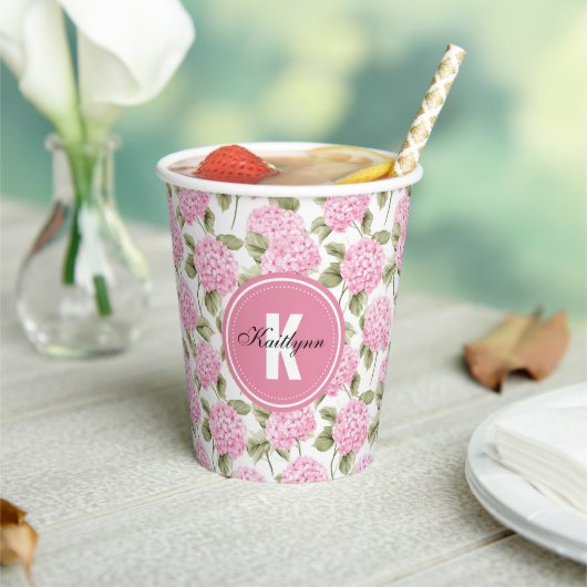 Elegant Pink Hydragea Flowers Pattern Monogram 紙コップ (インサイチュ)