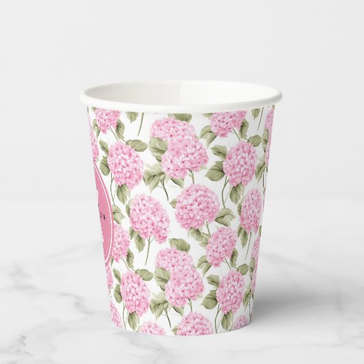 Elegant Pink Hydragea Flowers Pattern Monogram 紙コップ (左)