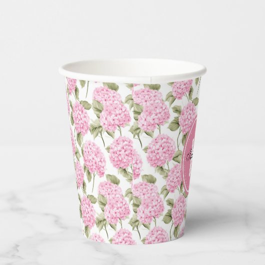Elegant Pink Hydragea Flowers Pattern Monogram 紙コップ (右)