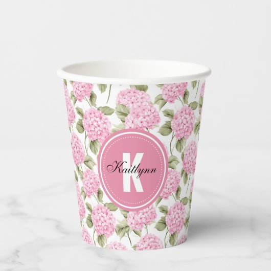 Elegant Pink Hydragea Flowers Pattern Monogram 紙コップ (正面)