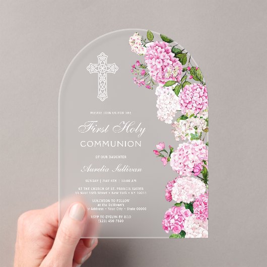 Elegant Pink Hydrangea Arch First Communion アクリル招待状 (インサイチュ (ポータブル))