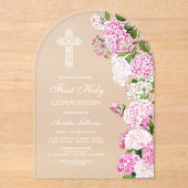 Elegant Pink Hydrangea Arch First Communion アクリル招待状 (正面)