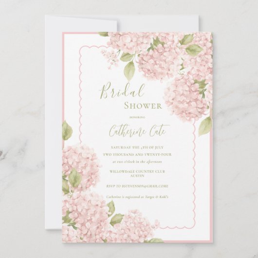 Elegant Pink Hydrangea Bridal Shower  Invitation 招待状 (正面)