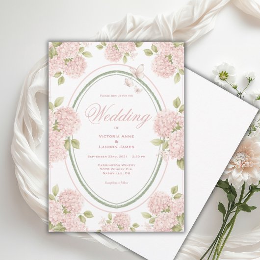 Elegant Pink Hydrangeas Vintage Wedding Invitation 招待状