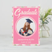 Elegant Pink Ivory Floral Photo Graduation Party 招待状 (スタンド正面)