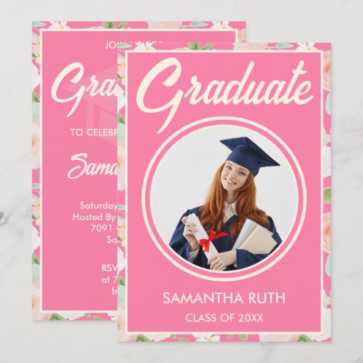 Elegant Pink Ivory Floral Photo Graduation Party 招待状 (正面/裏面)