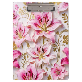 Elegant Pink Lilies with Golden Botanical Accents クリップボード