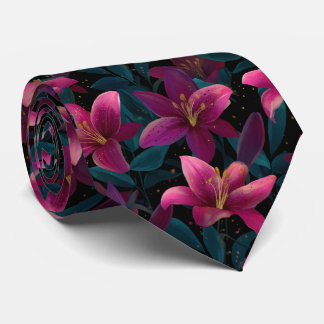 Elegant Pink Lily Floral Pattern on Black ネクタイ