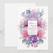 Elegant Pink Lily Purple Hydrangea Watercolor 招待状 (正面/裏面)