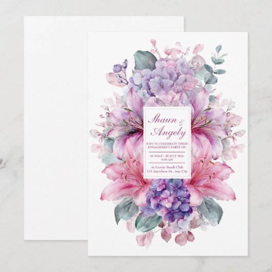 Elegant Pink Lily Purple Hydrangea Watercolor 招待状 (正面/裏面)