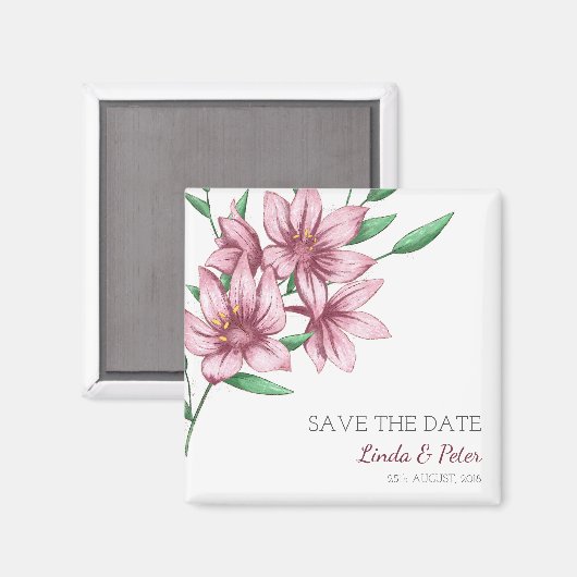 Elegant Pink Lily Wedding Save the Date マグネット (正面/裏面)