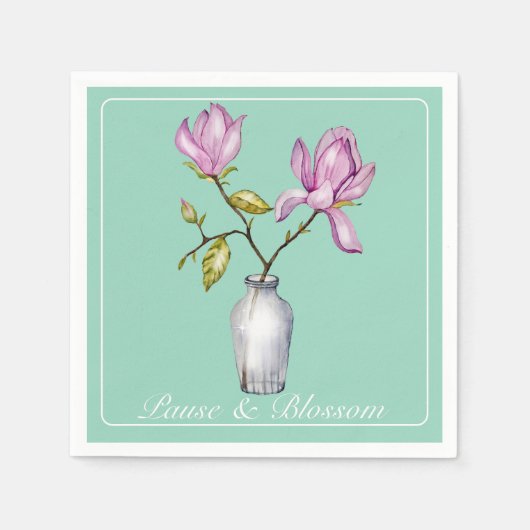 Elegant Pink Magnolia Watercolor in Glass Vase スタンダードカクテルナプキン (正面)
