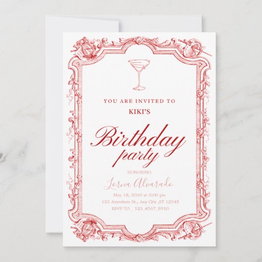 Elegant Pink Martini Chic Adult Birthday Party 招待状 (正面)