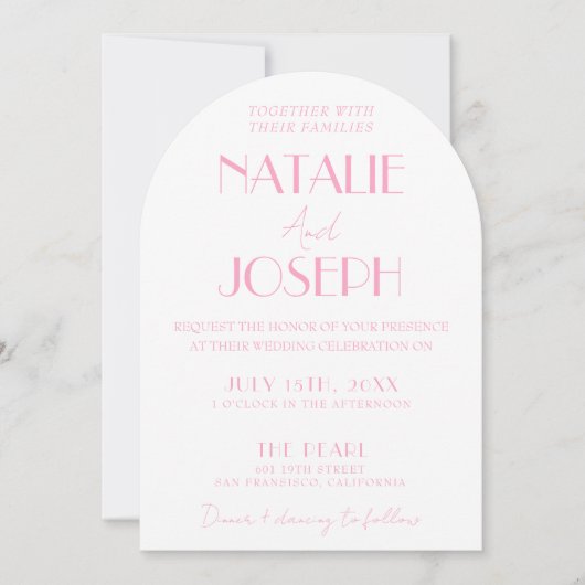 Elegant Pink Minimalist Wedding Photo Arched  招待状 (正面)