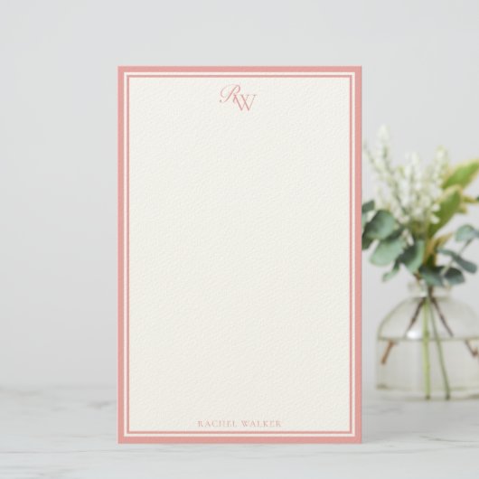 Elegant Pink Monogram Two Border 便箋 (スタンド正面)