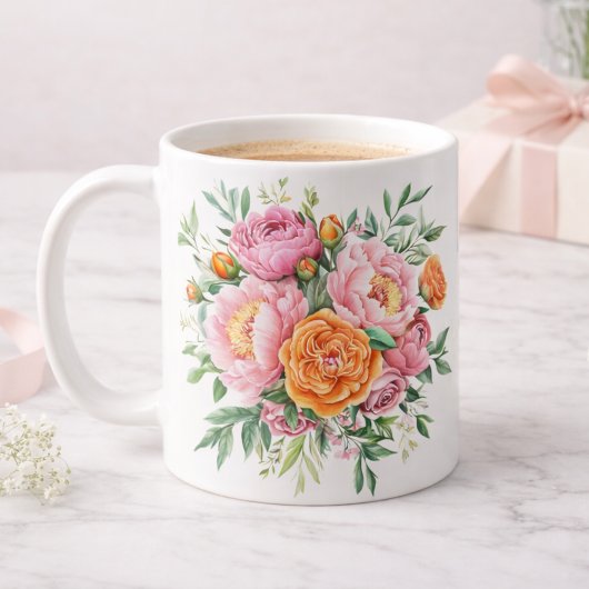 Elegant Pink & Orange Peonies Floral Coffee Mug コーヒーマグカップ