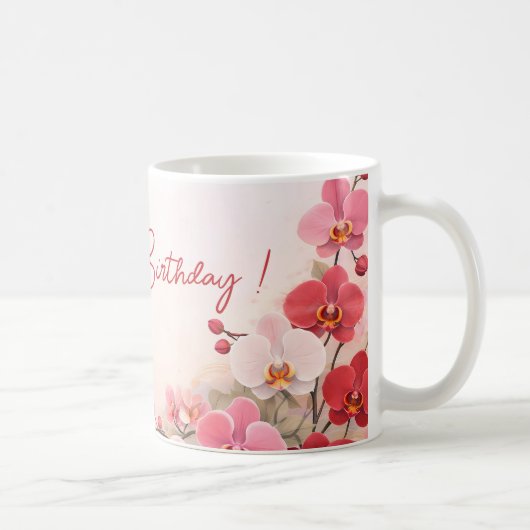 Elegant Pink Orchid Birthday コーヒーマグカップ (右)