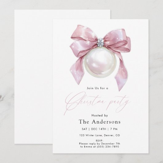 Elegant Pink Ornament Christmas Party 招待状 (正面/裏面)